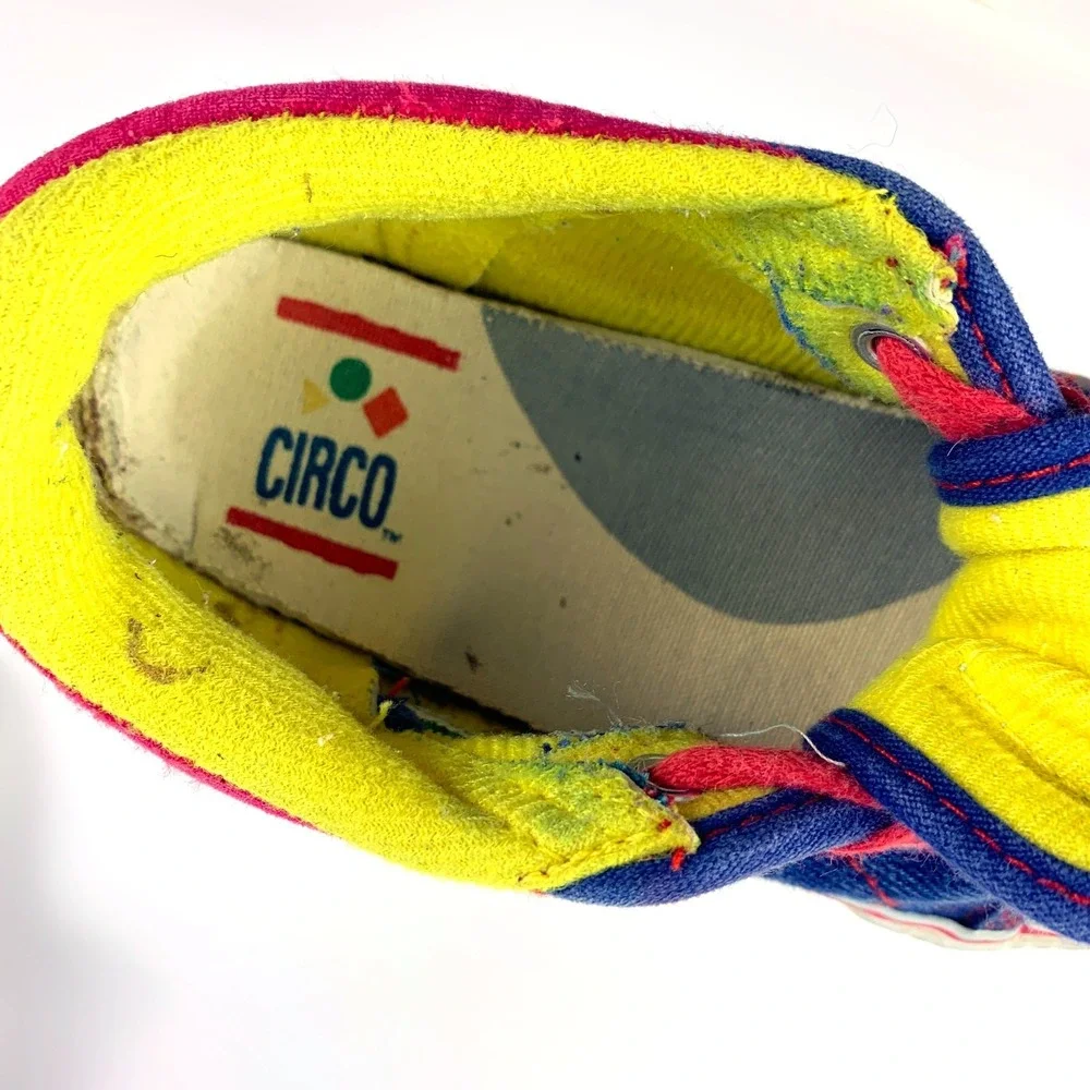 VTG Circo Denim Shoes‎ Toddler 7.5 Embroidered Trains Primary Colors Blue Red